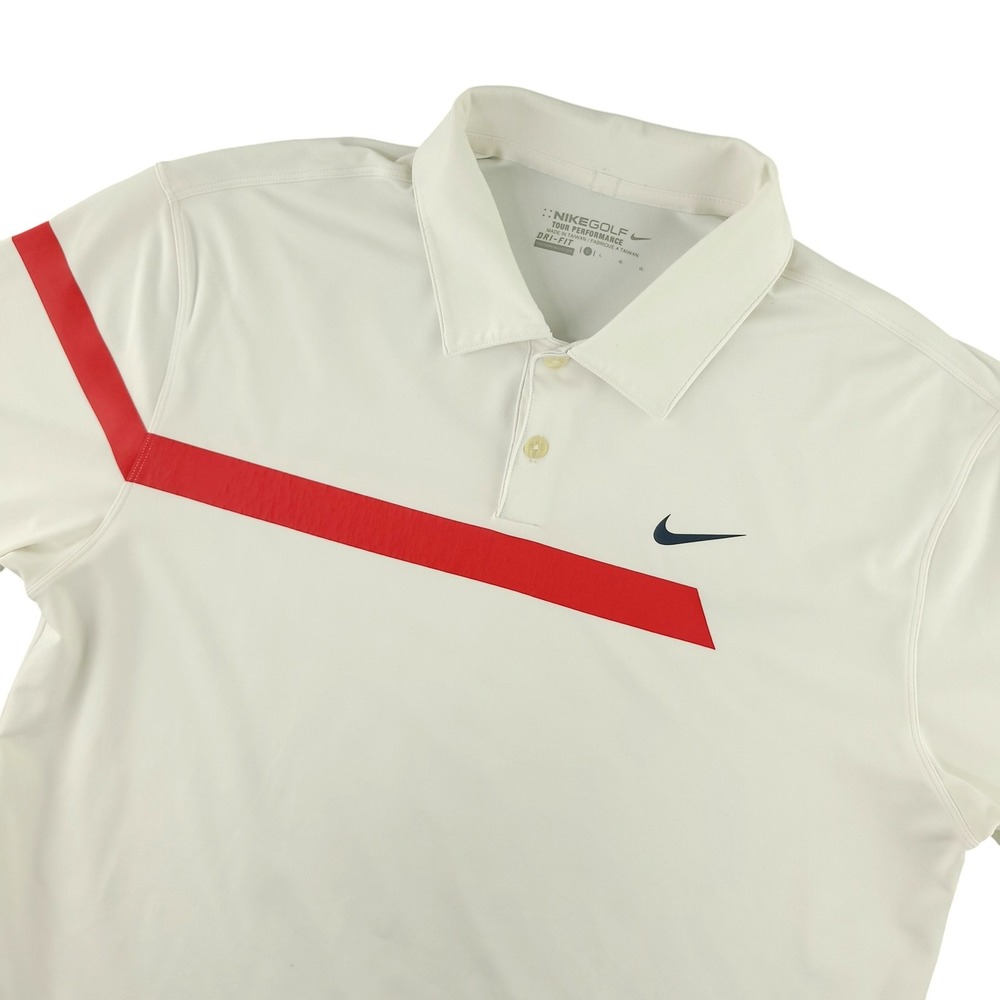 Nike Golf Dri-FIT Polo Shirt Mens L White Red Stripe Golf Tour Performance Top